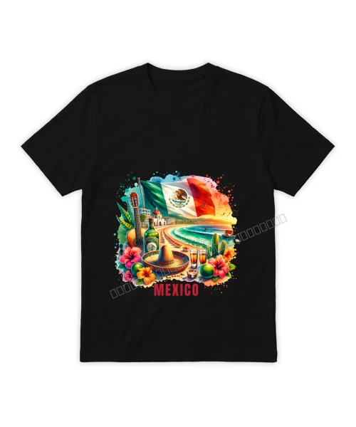 México colorido y festivo sobre camisa Negro